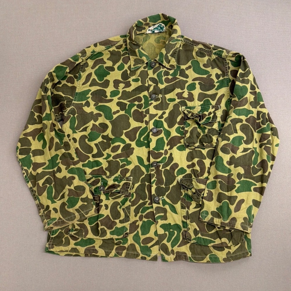 Vintage A Line Camouflage Suit Jacket Duck Hunter Frog Skin Camo Shirt Mens L